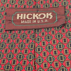 Hickok Vintage Silk Tie Green Blue Geometric Pattern on Red 3.5"W x 56 USA Made